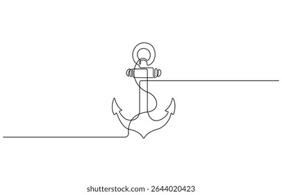 Anchor one continuous line vector doodle drawing. Sea icon, Continuous line drawing of sea anchor, Large sea anchor of the ship. Set of sea ocean elements, Editable Stroke,