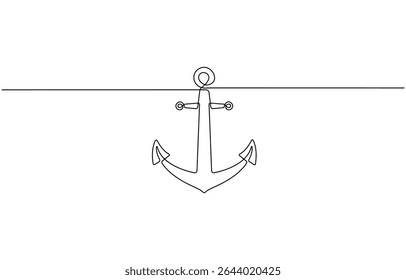 Anchor one continuous line vector doodle drawing. Sea icon, Continuous line drawing of sea anchor, Large sea anchor of the ship. Set of sea ocean elements, Editable Stroke,