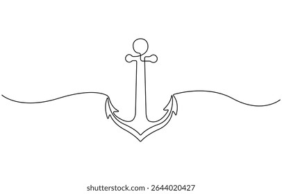 Anchor one continuous line vector doodle drawing. Sea icon, Continuous line drawing of sea anchor, Large sea anchor of the ship. Set of sea ocean elements, Editable Stroke,