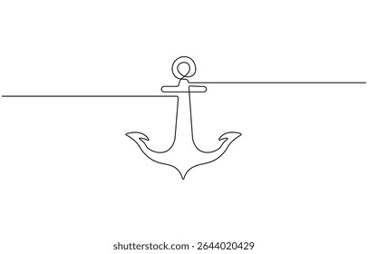 Anchor one continuous line vector doodle drawing. Sea icon, Continuous line drawing of sea anchor, Large sea anchor of the ship. Set of sea ocean elements, Editable Stroke,