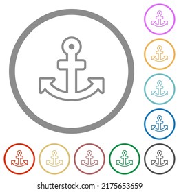 Anchor outline flat color icons in round outlines on white background
