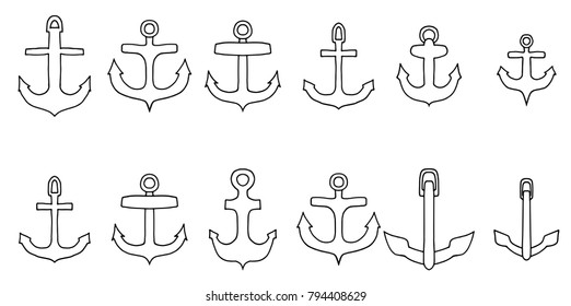 Anchor outline icon set. Isolated on white background