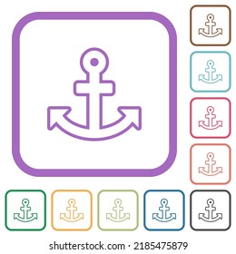 Anchor outline simple icons in color rounded square frames on white background