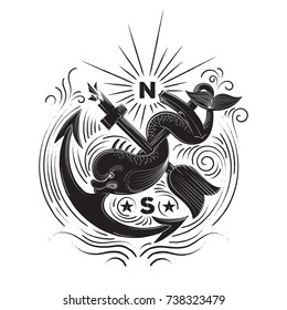 Anchor, paddle and dolphin old symbol. Emblem vector illustration.
