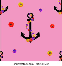 anchor pattern flowers pink background vector illustration