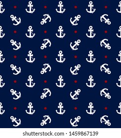 Anchor pattern with red polka dots. Navy blue nautical background seamless design.