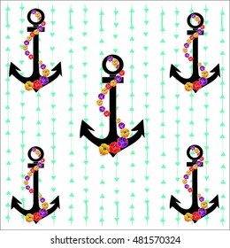 anchor pattern triangle background flowers vector illustration