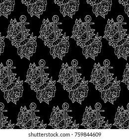Anchor and peony vector illustration. Doodle style. Design, print, logo, decor, textile, paper