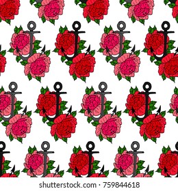 Anchor and peony vector illustration. Doodle style. Design, print, logo, decor, textile, paper