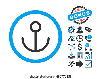 Anchor pictograph with bonus pictograph collection. Vector illustration style is flat iconic bicolor symbols, blue and gray colors, white background.