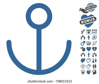 Anchor pictograph with bonus love design elements. Vector illustration style is flat iconic cobalt and gray symbols on white background.