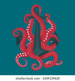 Anchor with pink octopus tentacles. Naval theme illustration. Adventure, exploration, danger symbol.