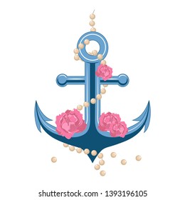 Anchor with pink peonies and a string of pearls. Vector image on white background.
