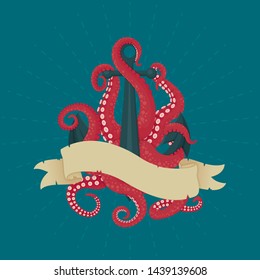 Anchor with pink tentacles and vintage ribbon. Naval theme illustration. Adventure, exploration, danger symbol.