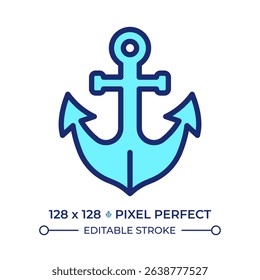 Anchor pixel perfect line color icon. Heavy ship mooring device. Device used on boat. Maritime transport equipment. Isolated vector illustration. Flat colorful symbol design. Editable stroke