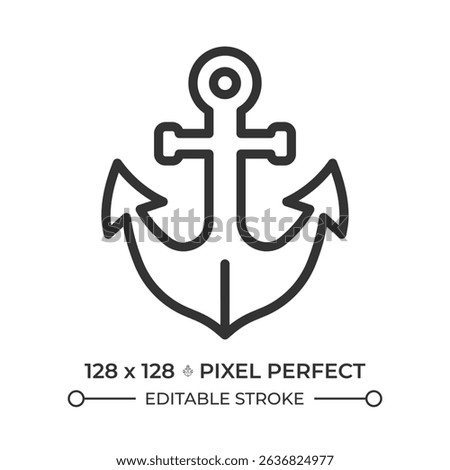 Anchor pixel perfect line icon. Heavy ship mooring device. Device used on boat. Maritime transport equipment. Isolated vector illustration. Outline symbol. Simple linear drawing. Editable stroke