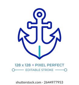 Anchor pixel perfect two color line icon. Heavy ship mooring device. Device used on boat. Maritime transport bicolor outline symbol. Duotone linear pictogram. Isolated illustration. Editable stroke