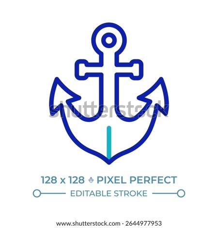 Anchor pixel perfect two color line icon. Heavy ship mooring device. Device used on boat. Maritime transport bicolor outline symbol. Duotone linear pictogram. Isolated illustration. Editable stroke