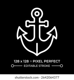 Anchor pixel perfect white line icon in negative space. Heavy ship mooring device. Device used on boat. Maritime transport equipment. Monochrome linear symbol on black background. Editable stroke