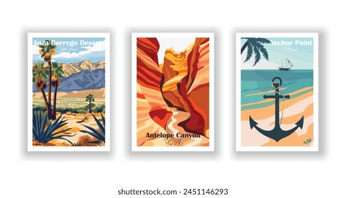 Anchor Point, Beach, Antelope Canyon, USA, Anza Borrego Desert, State Park - Vintage travel poster. Vector illustration. High quality prints