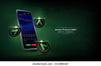 Anchor Protocol coin and Phone. App for trading crypto currency on the touch screen smartphone. Data analytics stock market. Trends and financial strategy. Mobile banking cryptocurrency. Vector 3d. 