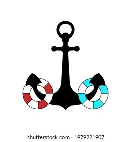 Anchor with red and blue lifebuoys vector icon. Vector logo anchor with lifebuoys in flat style. Vector logo symbol of marine rescue service, coast guard, lifeguards on the beach.