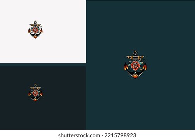 ancla con el logo del vector de flores de rosa roja