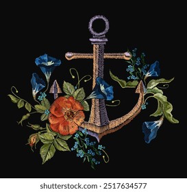 Ancla, rosas rojas y flores azules. Arte de aventuras en el mar. Bordado. Plantilla de moda Clásica para la ropa, diseño textil de la camiseta