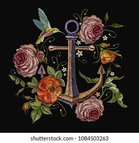 Anchor red roses, hummingbird and peonies embroidery. Classical fashionable embroidery vintage anchor, beautiful red bouquets of roses and peonies template for clothes, textile t-shirt design  