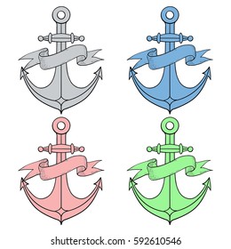 Anchor with ribbon banner. Colored icons. Vector illustration isolated on white background