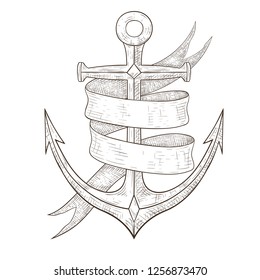 Anchor and ribbon banner. Hand drawn sketch. Vector illustration isolated on white background