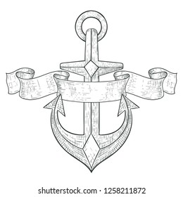 Anchor and ribbon banner. Hand drawn sketch. Vector illustration isolated on white background