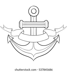 Anchor with ribbon banner. Hand drawn sketch. Vector illustration isolated on white background.