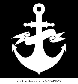 Anchor with ribbon banner. White drawing. Vector illustration on black background.