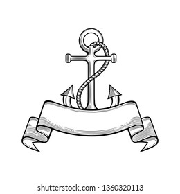 Anchor with ribbon isolated on white background. Vector illustration for tattoo, web and label.