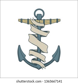 Anchor with ribbon isolated on white background colored. Vector illustration 