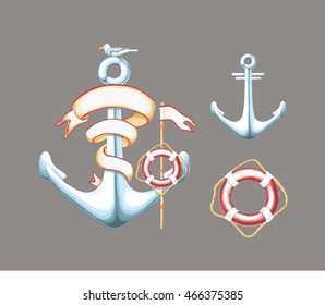 Anchor, ribbon label, lifebelt and flag vector composition with elements separated on layers