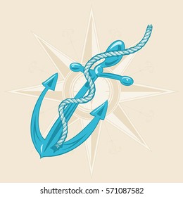 Anchor with ribbon on beige background with compass. Vector vintage illustration. Hand drawn in a graphic style.