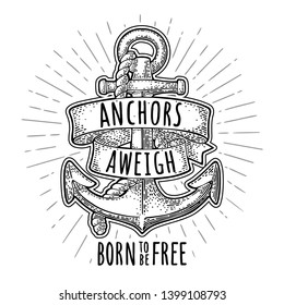 Anchor with ribbon and rope isolated on white background. Vector vintage engraving illustration for tattoo, web and label. Hand drawn in a graphic style.