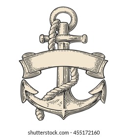 Anchor with ribbon and rope isolated on white background. Vector vintage engraving illustration for tattoo, web and label. Hand drawn in a graphic style.