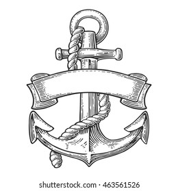 Anchor with ribbon and rope isolated on white background. Vector vintage engraving illustration for tattoo, web and label. Hand drawn in a graphic style.