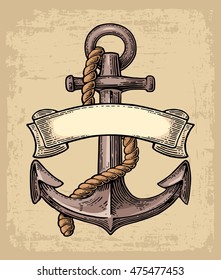 Anchor with ribbon and rope isolated on beige background. Vector vintage color engraving illustration for tattoo, web and label. Hand drawn in a graphic style.