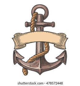 Anchor with ribbon and rope isolated on white background. Vector vintage color engraving illustration for tattoo, web and label. Hand drawn in a graphic style.