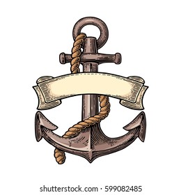 Anchor with ribbon and rope isolated on white background. Vector vintage color engraving illustration for tattoo, web and label. Hand drawn in a graphic style.