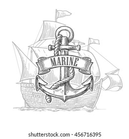 Anchor with ribbon and rope on background with ship. Vector vintage engraving illustration with title MARINE