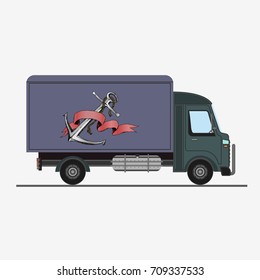Anchor with ribbon. Truck advertisement. Flat vector illustration