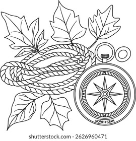 Anchor rope autumn leaf and Vintage Compass line art design background illustration stock photos premium quality
