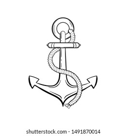 Anchor with rope black ink vector illustration. Sea boat, yacht, ship safety equipment sketch. Ancient anchor vintage engraving. Marine adventure symbol. Sailing club logo, poster design element