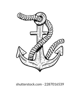 Anchor with rope black sign sketch style vector art illustration isolated on white background.