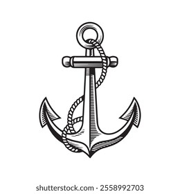 Anchor with Rope Black and White Vector Illustration, Marine Anchor Vector Art for Commercial Use